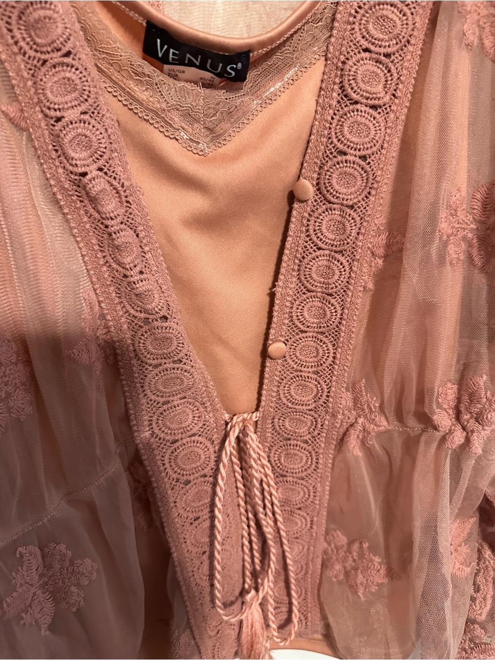 Venus two piece Sheer Embroidered Lace Kimono Top in Dusty Rose with camisole - Picture 2 of 4